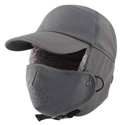 Connectyle Warm Winter Hat with Ear Flaps Mask Cold Weather Outdoor Ski Cap Water-Resistant Baseball Trapper Hat for Men - color: Grey