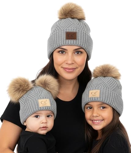 Funky Junque Mommy & Me Double Pom Beanies 3-Pack Matching Winter Hats for Mom, Toddler & Infant Girls, Cozy Knit Family Set - color: Diagonal Basketweave - Heather Grey