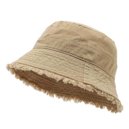 Quanhaigou Frayed Unisex Sun Hats, Fashion Beach Bucket Hat for Men Women,Summer Outdoor Boy's Girls Boonie Cap - color: Patchwork Khaki