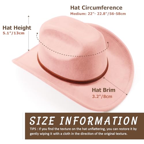 Western Cowboy Hats for Women Classic Felt Wide Brim Fedora Hat with Belt Buckle Retro Panama Hat Unisex Rolled up Cap - color: Suede Cowboy Hats : Pink, size: Medium