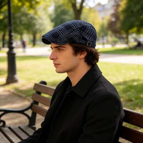 Men's Plaid Striped Newsboy Ivy Flat Driving Golf Cap - color: Blackbeige
