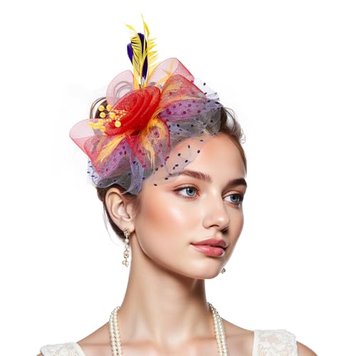 Zando 2026 Mesh Ken-Tucky Derby Fascinators Hats for Women Girls with Clip and Headband Vintage Wedding Church Tea Party - color: Red & Purple & Yellow