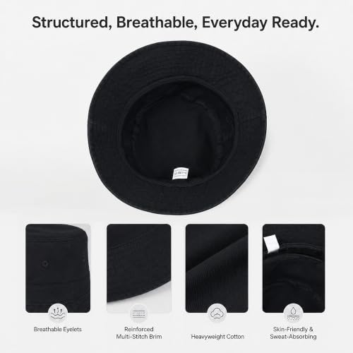 Cotton Bucket Hat Packable Beach Sun Hat for Women Men - color: Black