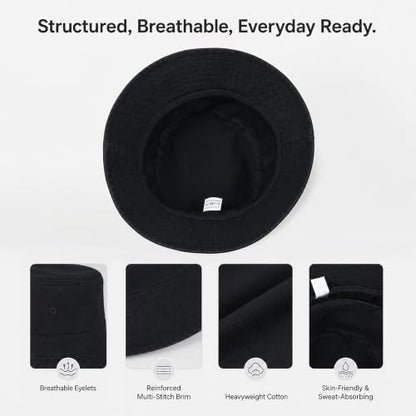 Cotton Bucket Hat Packable Beach Sun Hat for Women Men - color: Black