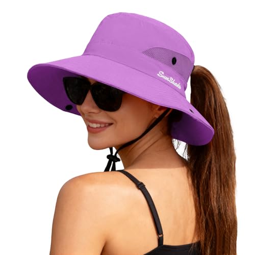 ZOORON Women's Ponytail Safari Sun Hat,Wide Brim UV Protection Bucket Hat - color: 1- Pure Purple