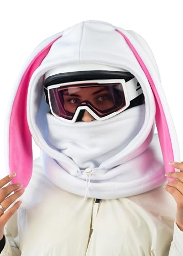 Fleece Balaclava Over Helmet - Warm Helmet Ninja Hood - Snowboard Hooded Hat Neck Gaiter Ski Mask - color: White&pink|bunny, size: One Size