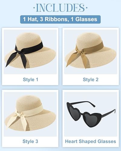 Sun Straw Hats for Women, Wide Brim Summer Beach Hat - color: Beige, size: Large