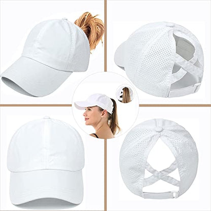 Womens Ponytail Hat Baseball Cap, Adjustable Criss Cross Baseball Cap High Bun Unisex Quick Drying Trucker Hats - color: Zwhite