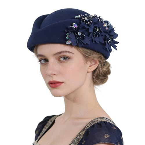 Women Vintage Church Hat Applique Felt Pillbox Hat Fascinator Tea Party Cap - color: Z5-navy Blue