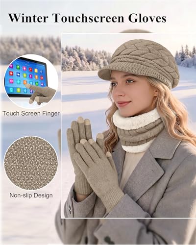 Loritta 3 in 1 Womens Winter Hat Gloves Scarf Set, Warm Hat Mittens - color: Coffe