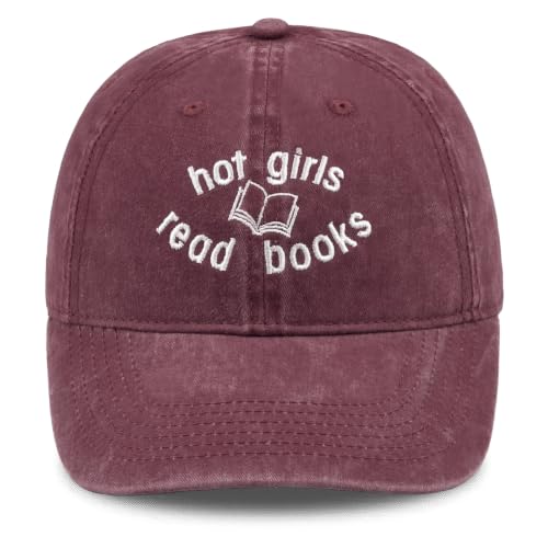 Embroidered Book Lover Baseball Cap for Men Women, Funny Washed Cotton Classic Dad Hat, Reading Lover Gift Idea - color: Hot Girls Read Books, Wine Red