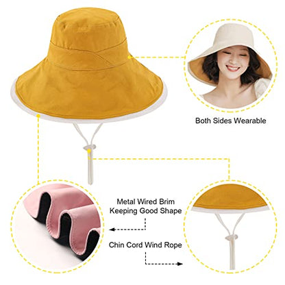HUAMULAN Women Summer Vacation Wide Brim Sun Hat Reversible Fishing Hats - color: M9607-huang