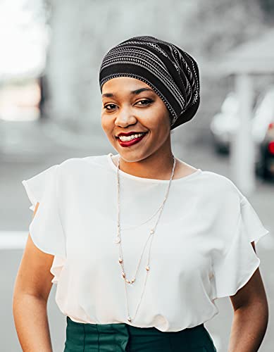 Adjustable Satin Lined Sleep Cap for Dreadlocks Curly Hair Large Head-Stay On Overnight - color: Black White