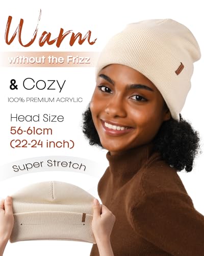 FURTALK Satin Lined Beanie for Women Men Knit Beanie Hat Acrylic Winter Hats Warm Slouchy Skull Cap - color: Beige