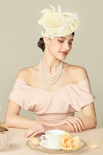 BABEYOND Fascinators Hats for Women Tea Party Mesh Flower Pillbox Derby Hat - color: Beige