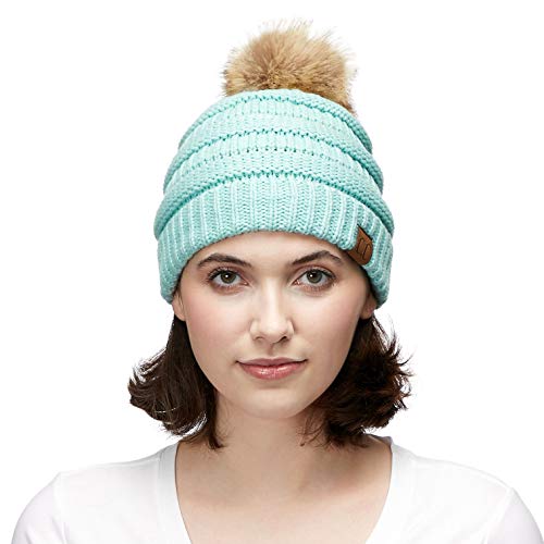 C.C Fur Pom Winter Fall Trendy Chunky Stretchy Cable Knit Beanie Hat - color: Solid Mint
