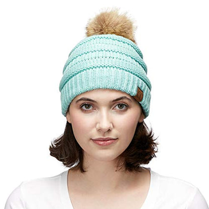 C.C Fur Pom Winter Fall Trendy Chunky Stretchy Cable Knit Beanie Hat - color: Solid Mint