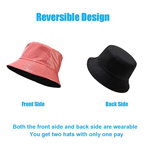 Reversible PU Leather Bucket Hats for Women Solid Color Double Wear Summer Hat Unisex - color: Pale Red