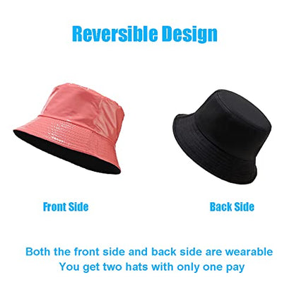 Reversible PU Leather Bucket Hats for Women Solid Color Double Wear Summer Hat Unisex - color: Pale Red
