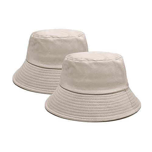 PFFY 2 Packs Bucket Hat for Women Men Cotton Hats Sun Beach Fishing Cap - color: 2 Packs Beige