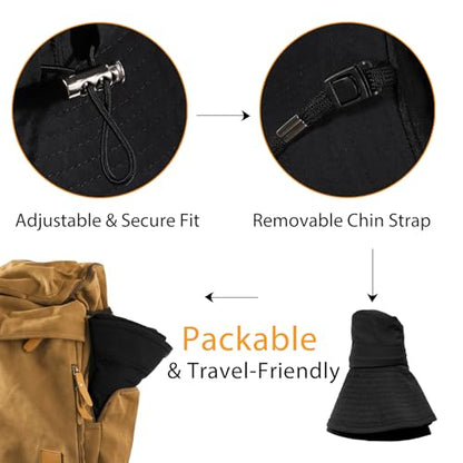 Wide Brim Waterproof Bucket Rain Hat for Women Men UPF50+ Cowboy Sun Hat - color: Ponytail Black