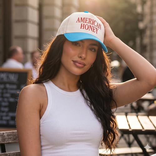D&Y Retro 2-Tone Canvas Baseball Cap for Women - Funny Embroidered Distressed Snapback, Adjustable Cotton Dad Hat - color: American Honey-blue