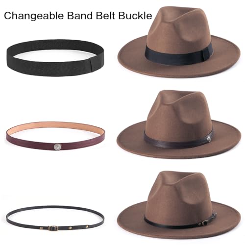 Felt Wide Brim Fedora Hats for Women Men, with Band Belt Buckle, Adjustable - color: P04 Mocha Brown