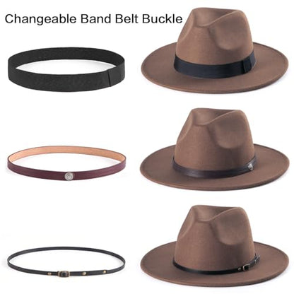 Felt Wide Brim Fedora Hats for Women Men, with Band Belt Buckle, Adjustable - color: P04 Mocha Brown