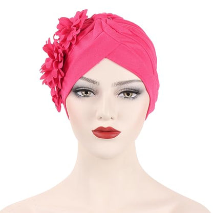 Flower Pre-Tied Turban Beanie, Soft Chemo Cap for Women Cancer Hair Loss - color: Rose Red