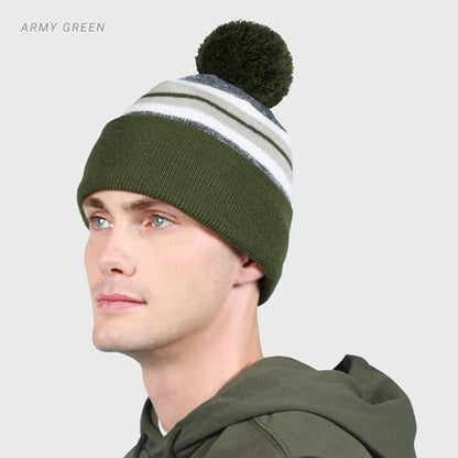 Pom Pom Beanie Cuffed Knit Winter Hat Skull Cap Striped Novelty Men Women - color: (Camel)