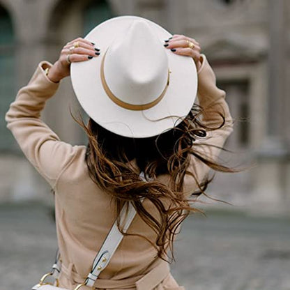 DRESHOW Women Classic Felt Fedora Wide Brim Floppy with Belt Buckle Panama Hat - color: White (Khaki Belt Buckle)