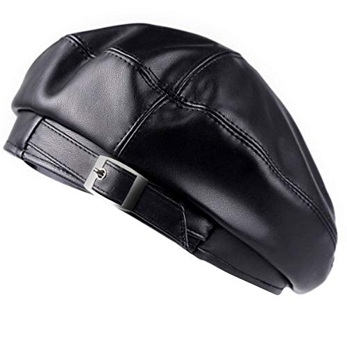 Women Buckle Spring Fall Winter Faux Leather Beret Classic British Style Hat - color: Black