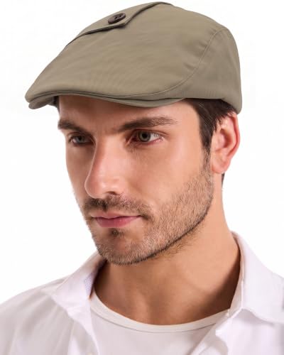 ZLYC Men Cotton Flat Cap Summer Scally Newsboy Beret Driver Hat - color: Button Decor Khaki