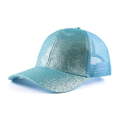 Zsedrut Girls Glitter Baseball Cap Kids Adjustable Ponytail Hat Toddler Summer Mesh Trucker Hats - color: Blue