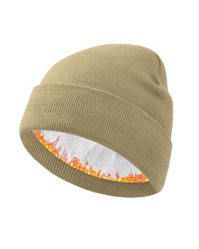 Century Star Men's Fleece-Lined Beanie Winter Knit Hat - Stretchable, Warm, Windproof, Unisex Cuffed Ski Cap for Sports - color: Khaki