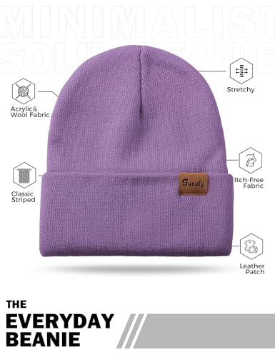 Beanie Hats for Men Women Knit Winter Hat, Warm Skull Stocking Cap, Striped Snow Hat Heated Cuffed Beanie - color: 2p-black+purple