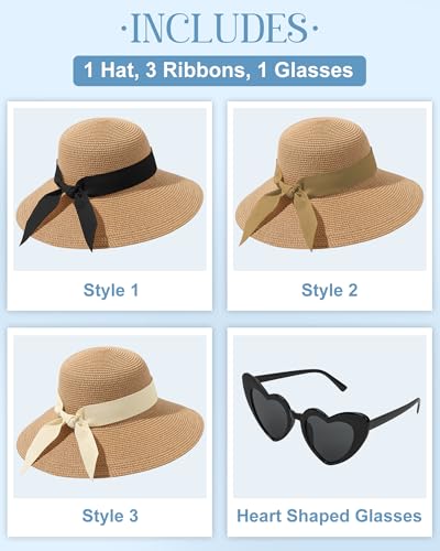 Sun Straw Hats for Women, Wide Brim Summer Beach Hat - color: Khaki, size: Large