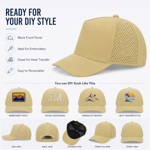 5 Panel Baseball Cap Quick Dry Mesh Snapback Hat for Women Men - color: Khaki