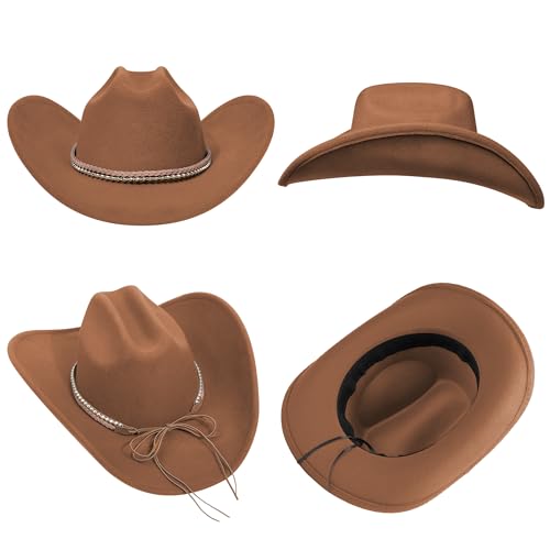 Cowboy Hats for Women and Men with Wide Brim Felt Western Hats for Cowgirls and Cowboys - color: Lightcoffee