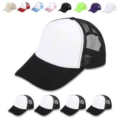 OKBA 5 Pack Sublimation Blank Baseball Cap Adjustable Hat Polyester Mesh Trucker Hats for Men and Women - color: 5pcs Black and White Hat