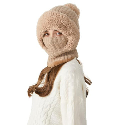 HUAMULAN Women Winter Knit Beanie Hats One Piece Fleece Lined Balaclavas - color: Khaki + Faux Fur