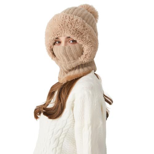 HUAMULAN Women Winter Knit Beanie Hats One Piece Fleece Lined Balaclavas - color: Khaki + Faux Fur