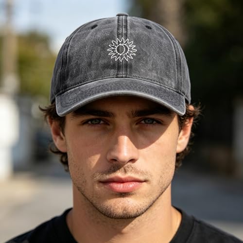Plam Trees Hats Embroidered Washed Cotton Baseball Cap for Men Women Distressed Black Snapback Baseball Hat Adjustable - color: Sun