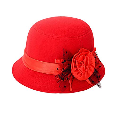 Glamorstar Vintage Felt Cloche Hat Winter Floral Fedora Bucket Hat Bowler Hats - color: Red