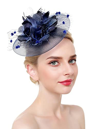 JWICOS Fascinators Hat for Women 50s Flower Hat with Veil Cocktail Wedding Tea Party Church Derby Hat - color: Navy