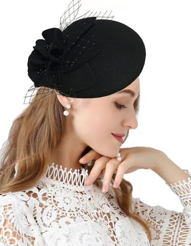 ORIDOOR British Style Pillbox Hat Women Church Wedding Winter Vintage Fascinator Beret 100% Wool Felt Hat with Veil - color: 03a-black