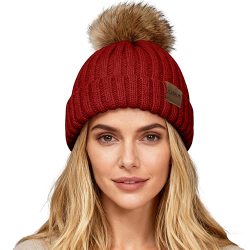 ZOORON Womens Winter Knitted Beanie Hat with Faux Fur Pom Beanie Warm Knit Skull Cap Beanie for Women - color: 1wine Red