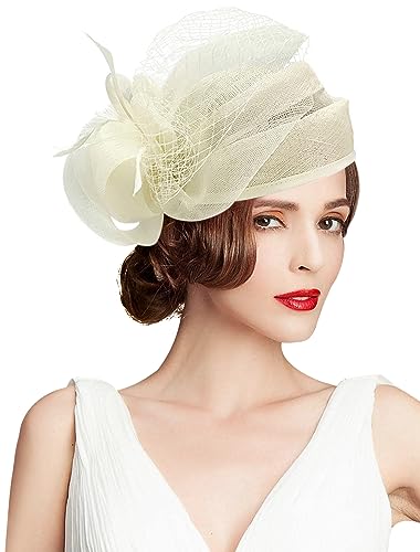 Z&X Sinamay Fascinator Hat Floral Feather Pillbox Derby Hats for Women Wedding Tea Party with Headband Clip - color: 001- Beige