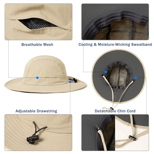 XL/XXL Waterproof Mens Sun Hat Wide Brim UPF 50+ Bucket Hat - color: Beige, size: Medium-Large