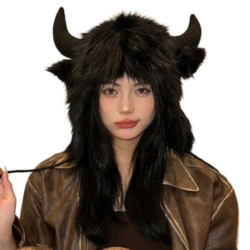 Holiberty Cute Animal Horns Ears Winter Hat Plush Fur Warm Trapper Hat Funny Viking Christmas Halloween Costume Snow Ski Hat - color: Black, With Buffalo Horns